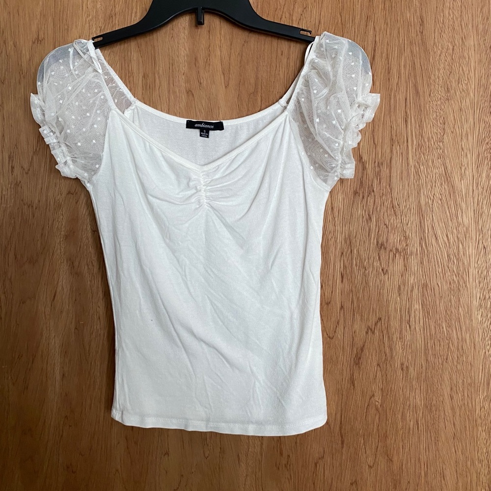 white off the shoulder top with sheer sleeves